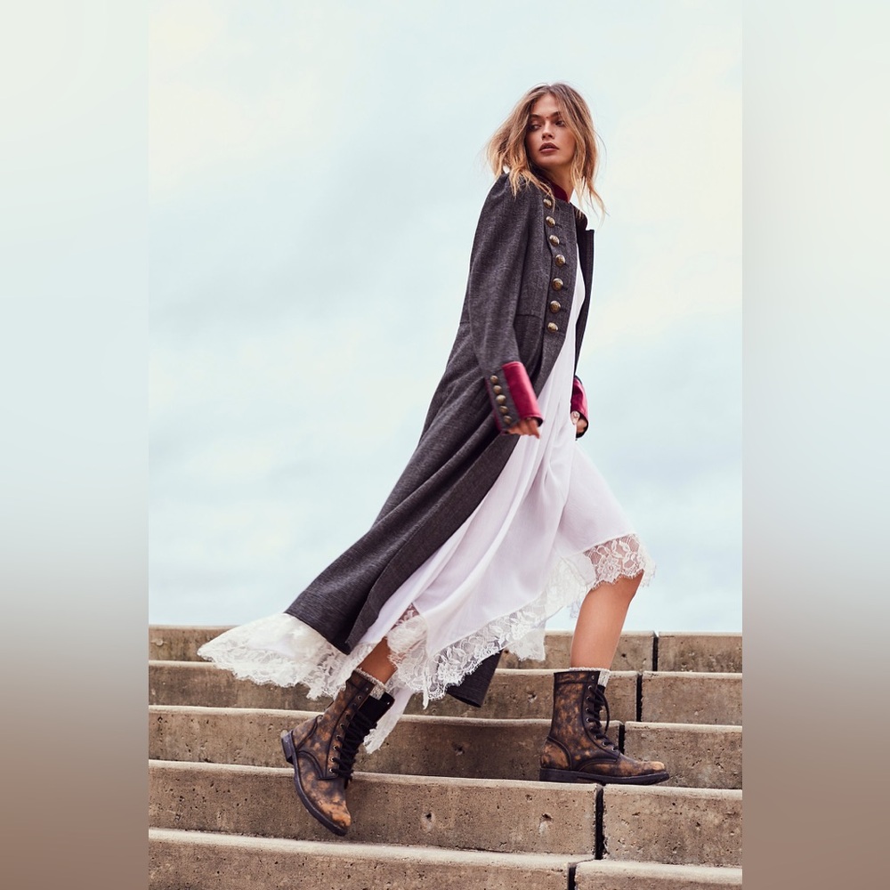 Free People Gray Long Coat with Red Accents